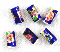 Vintage blue porcelain floral tube beads