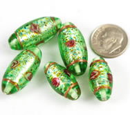 Vintage German Peridot Foil Lampwork Oval Beads