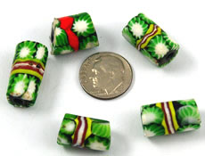 African Trade Millefiori Bead Tubes - Christmas Green