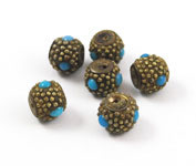 Vintage brass Kasmiri Beads inlaid with turquoise