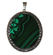 Vintage large sterling and malachite oval pendant