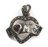 Vintage Sterling Marcasite Mom Heart Charm Garnet