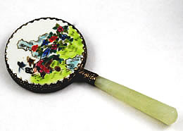 Vintage Chinese Hand Painted Porcelain Hand Mirror Filigree Faux Jade Handle