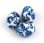 Porcelain blue and white oval floral beads