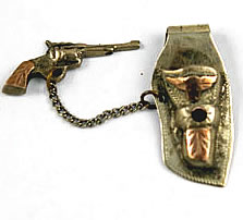 Vintage Mexican sterling and gold revolver gun and holster