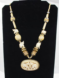 Vintage bone necklace with carved elephant pendant