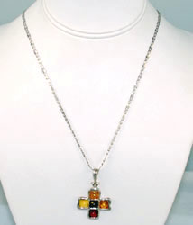 Tri-Color Amber Cross Necklace Sterling