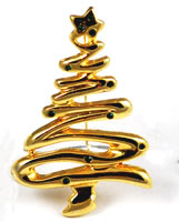 Vintage gold christmas tree pin with emerald rhinestones