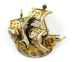 Vintage Damascene Ship Brooch