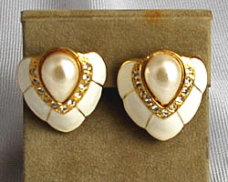 Vintage White Enamel rhinestone and pearl clip on earrings