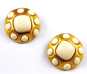 Large vintage gold and cream clip on earrings polka dots