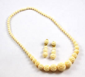 Vintage Carved Ivory Floral Necklace and Earring Set