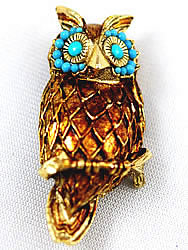 Vintage Owl Brooch with Turquoise Beaded Eyes