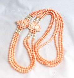 Vintage Pink coral multi-strand necklace with carved roses and pearls