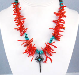 Vintage red coral and cross native american necklace