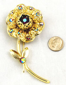 Vintage Sarah Coventry Floral Filigree Brooch Siam Rhinestones