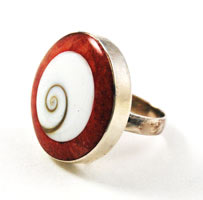 Vintage sterling red coral and shell ring