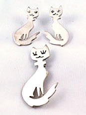 Vintage Sterling Silver Cat Earrings and Brooch