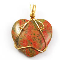 Large vintage wire wrapped unakite heart pendant